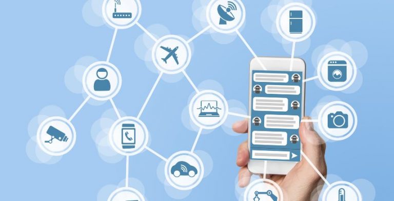 A hand holding up a cell phone surrounded by icons showing different apps and internet connections.