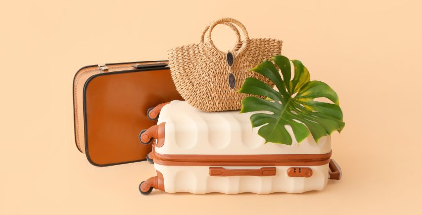 Two suitcases, a travel bag and a large plant leaf on a light brown background.