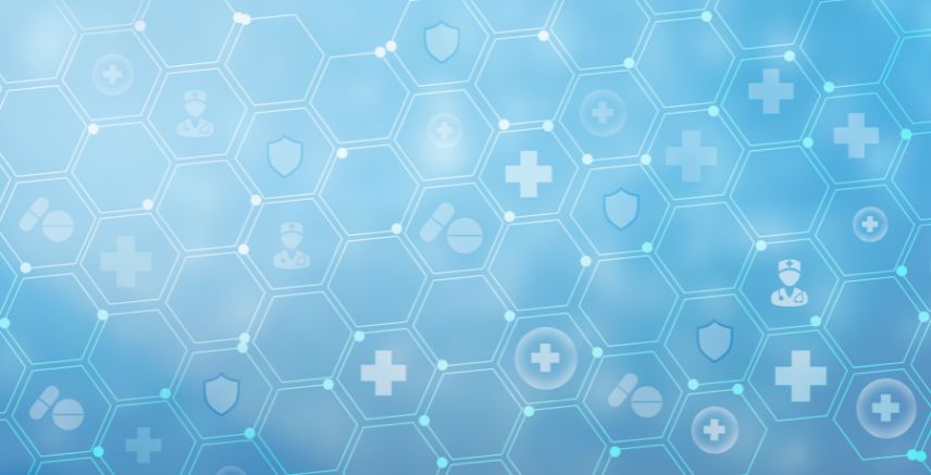 Blue and white hexagons with medical symbols inside them.
